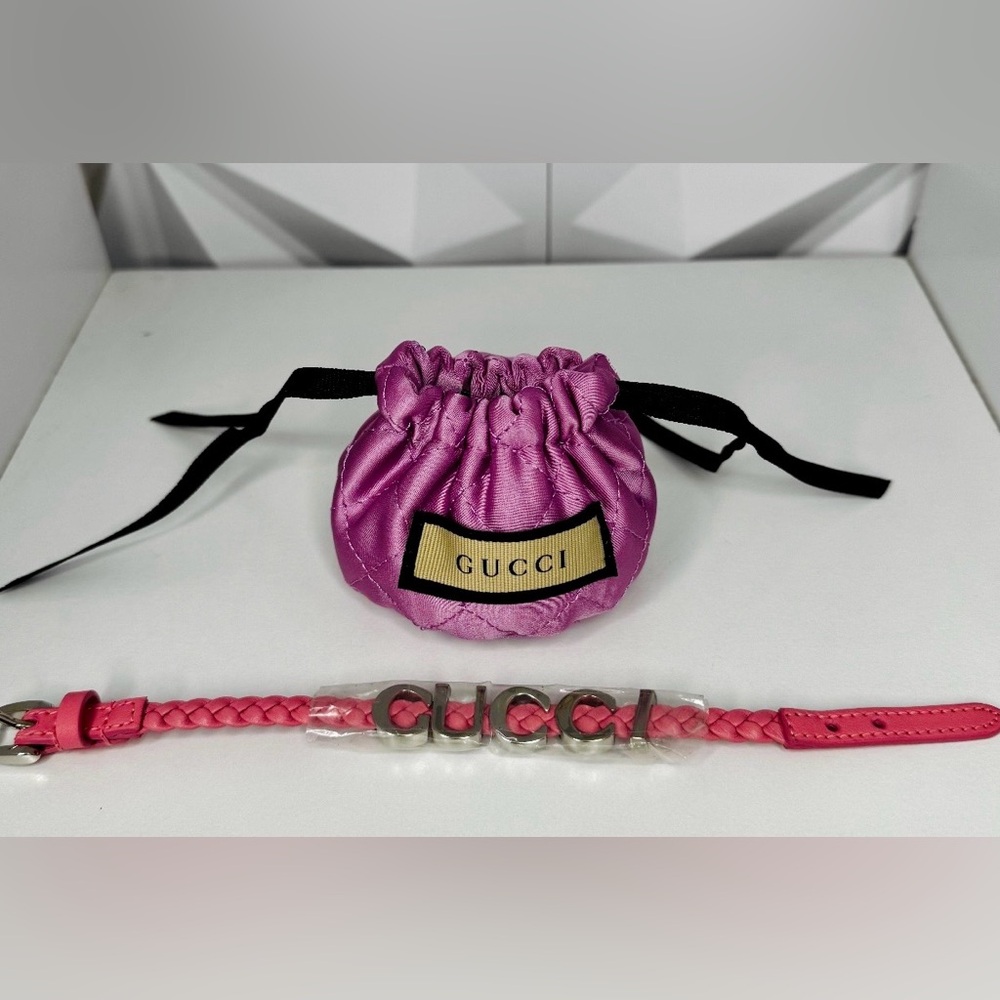 Authentic Gucci Pink Braided Leather Bracelet–Silver GUCCI Letters– 8" –Dust Bag